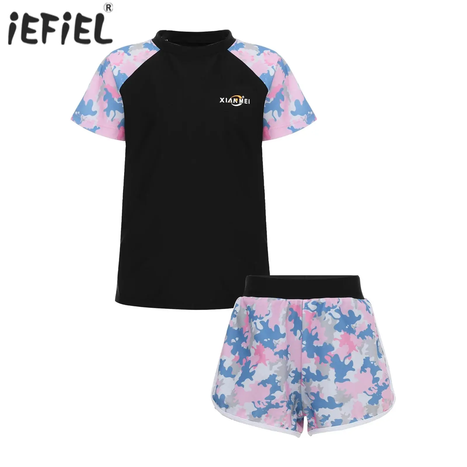 

Kids Girls Swimming Beachwear Outfits Two Pieces Swimwear Shirt with Boyshorts Tankini Set Rashguard Swimsuit Rash Guard Suit