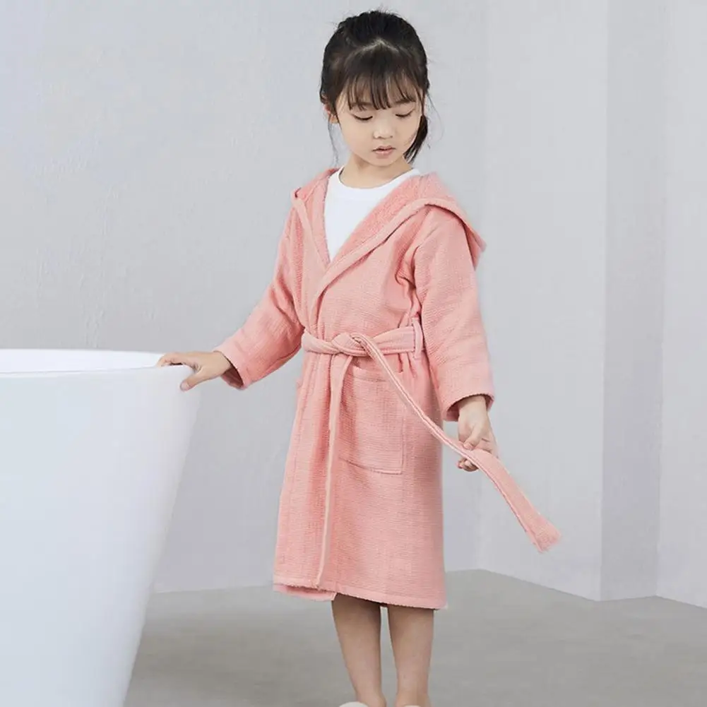 Kids Bathrobe Hooded Belted Pocket Thick Soft Quick Water Absorbent Solid Color Boys Girls Toddlers Robe Pajamas Sleepwear