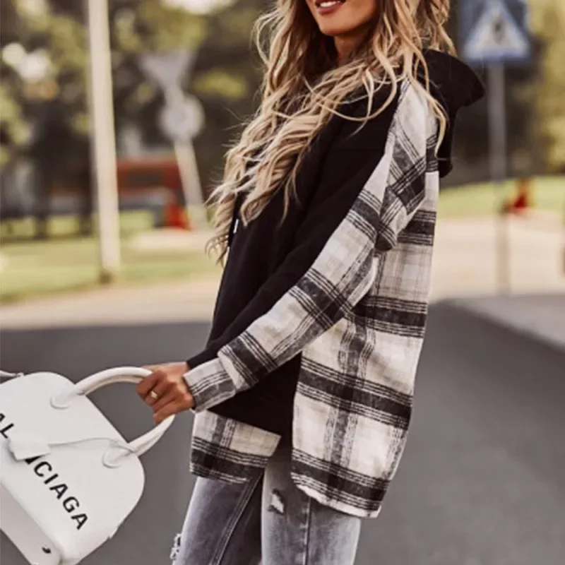 Lady Fashion Pullovers 3 Color Tops Elegant Casual Plaid Hoodie Sweatshirt S-3XL New Women Winter Autumn Long Sleeve Streetwear
