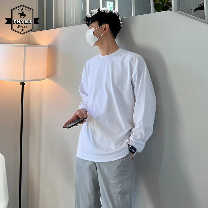 

Versatile O-Neck Bottoming Shirt Mens Harajuku Korean Loose Breathable Pullover Tops Male Simple Casual Solid Long Sleeved Shirt