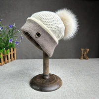 2025 New Natural fur pompom hat Women High quality Color block Beanies Winter Travel  Hats for women Warm Female hat 1