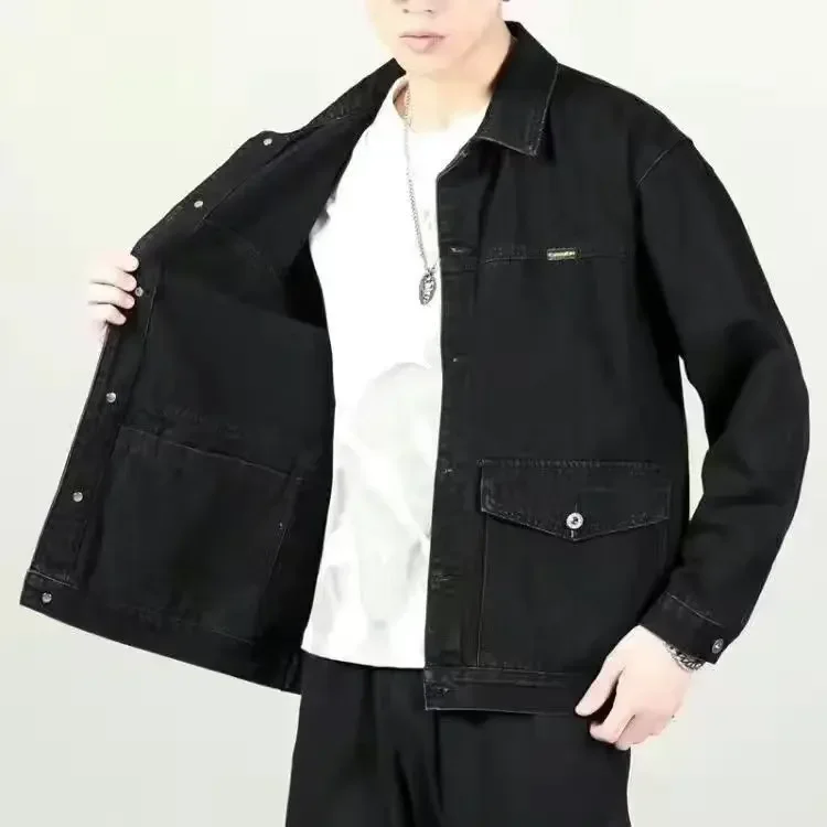 thumbnail image 1 of Chaqueta vaquera con botones para hombre, chaqueta vaquera holgada de color negro para invierno, moda, talla grande, entrega rápida, precio económico, elegante Y2k G, 1 of 5