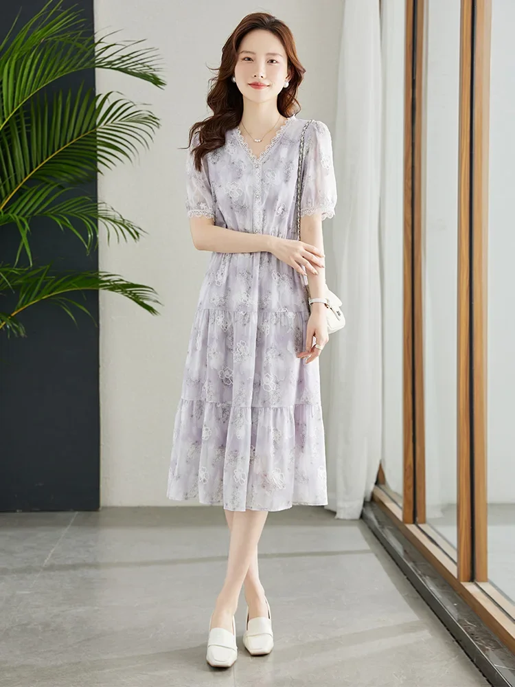 Women Floral Printing Chiffon Dress A-Line Korean Fashion Knee Length Slim  Fit D