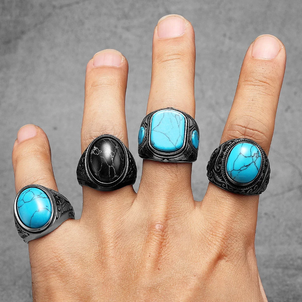 Vintage Black Turquoise Carved Stainless Steel Ring - Punk Rock Luxury Fashion Jewelry Accessory
