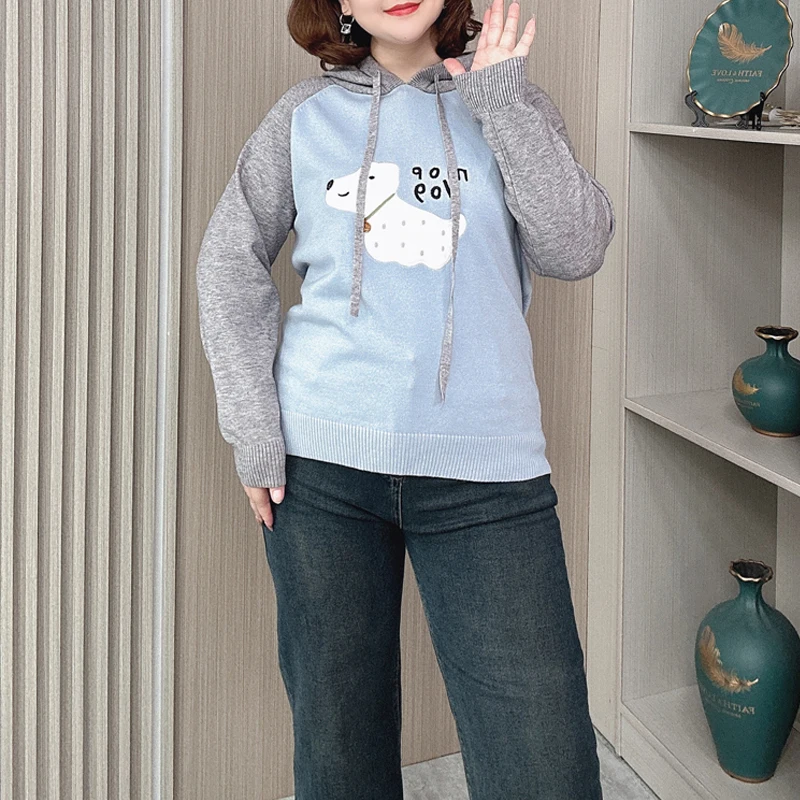 Women's Embroidered Dog Hooded Sweater, Loose Soft Knitted Pullovers, Plus Size Jumpers, Block Color Raglan Sleeves