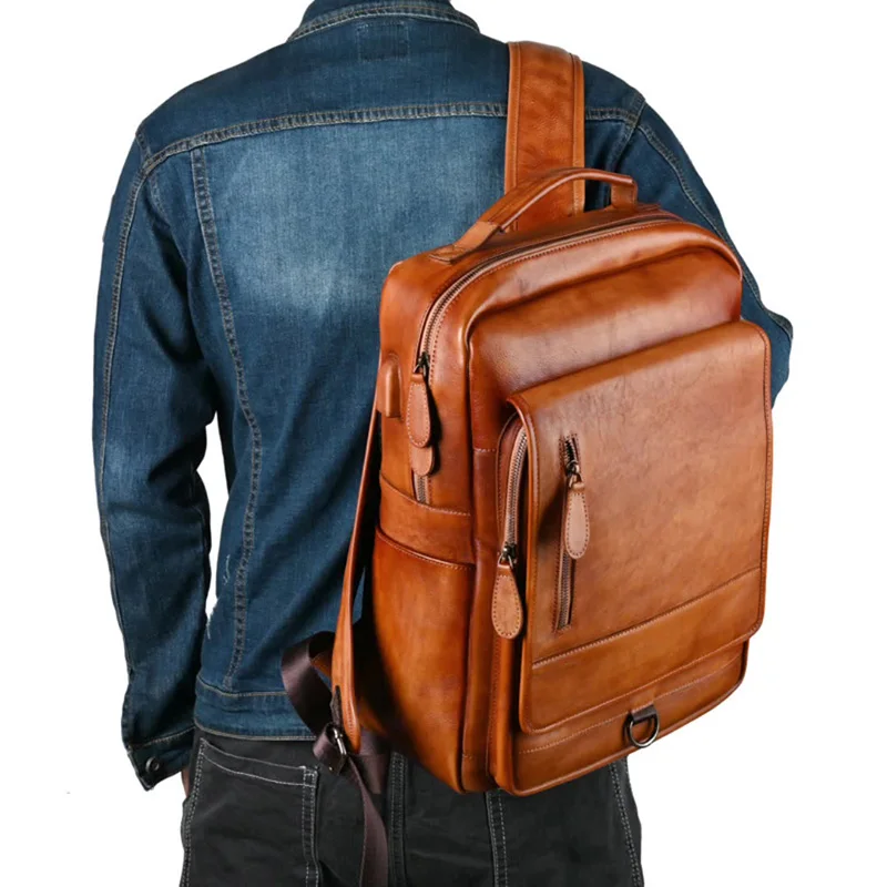 Men's Backpack Vintage Genuine leather Fit 15.6" Laptop Bags Business Rucksack Student School Bag Daypack Big Male Travel Bag