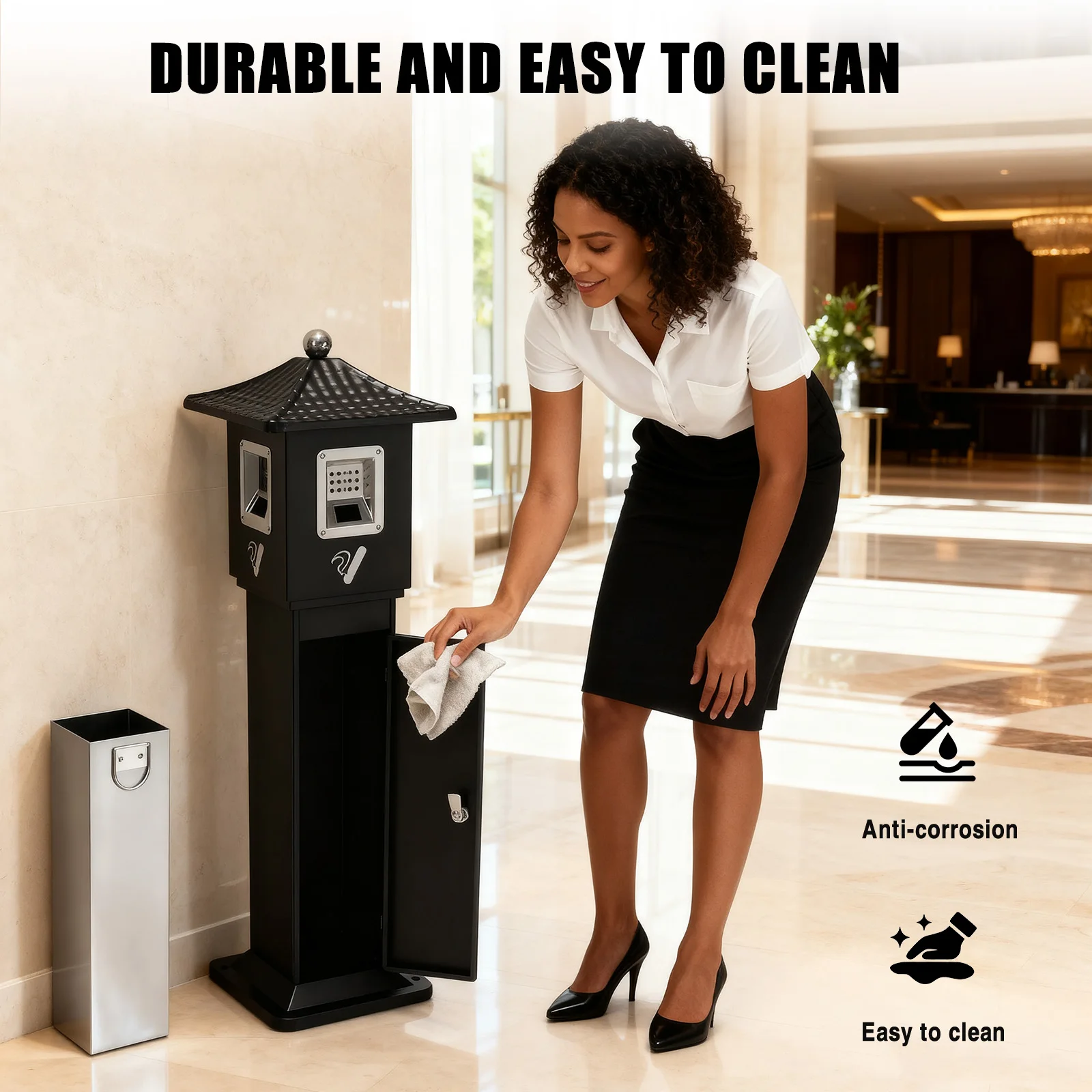 Standing Cigarette Butt Container Corrosion Resistant Trash Receptacle Bin Outdoor Trash Can with Lock for Office Patio Backyard