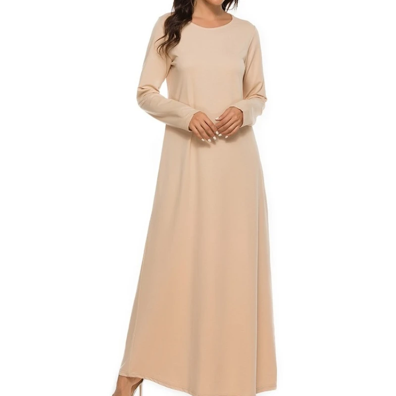 2023 Hot Sale Islamic Women's Muslim Abaya Basic Style Solid Color A- Line Long Sleeve Dress with Belt Casual Wholesale
