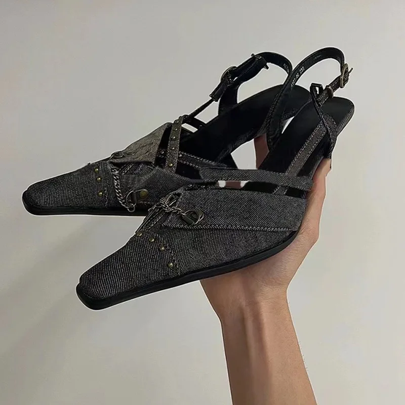 

Patchwork Material Pumps Square Toe Stiletto Cover Toe Sandals Distressed Vintage Chain Y2K Niche High Heels Sandalias Mujer