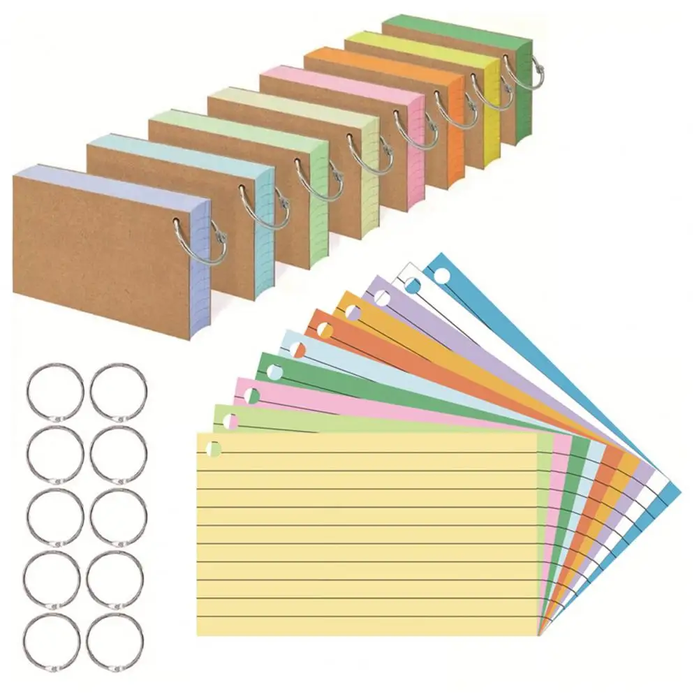 Colored Index Cards Flash Cards with Metal Ring Smooth Writing Thickened Paper No Ink Bleeding Notecards Ruled Study