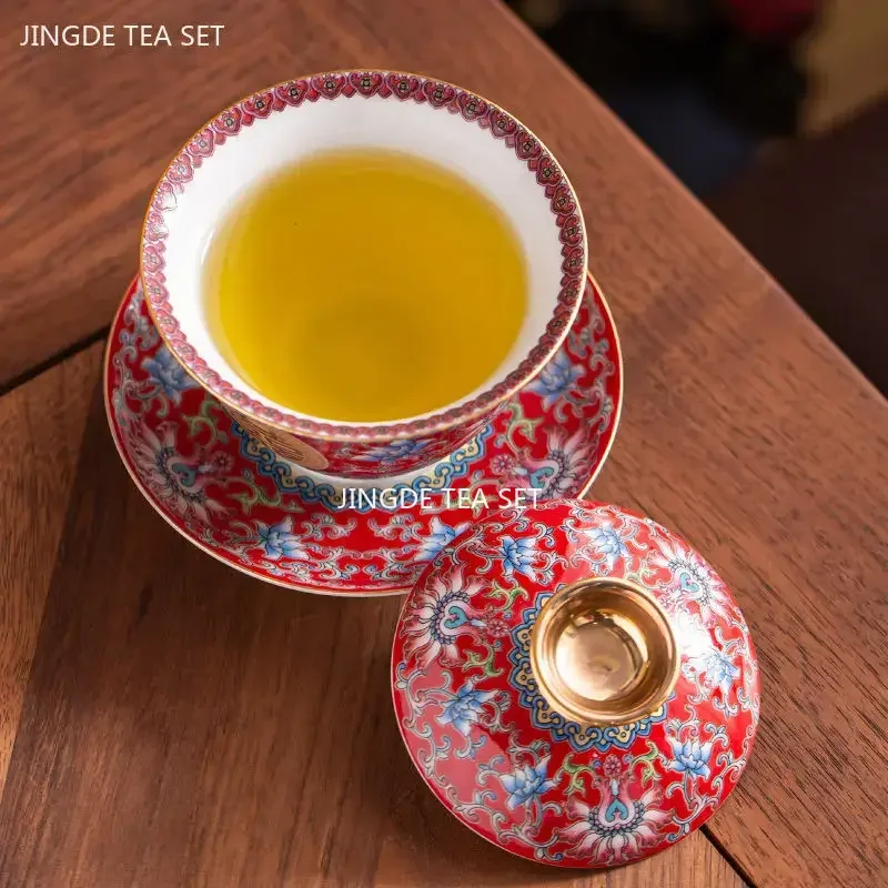 Chinese Wedding Tea Set Enamel Color Ceramic Gaiwan Handmade Beauty Teacup Teaware Gift Exquisite Portable Tea Bowl