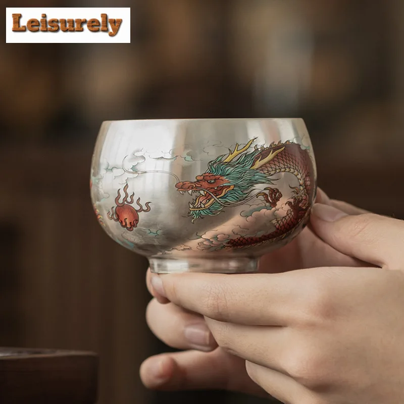 Gilt Silver Dragon And Phoenix Auspicious Teacup Elegant Tea Bowl Jug Tea-tasting Meditation Cup Jianzhan Master Cups Set Gift