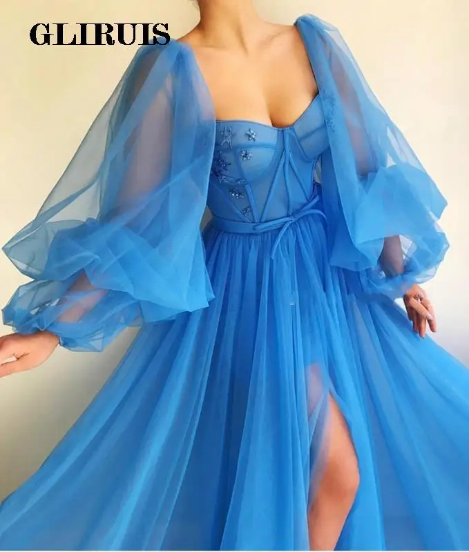 Boho Blue Prom Dresses Crystal Long Puffy Sleeve Tulle Backless Formal Evening Party Gowns Beauty Pageant Dresses  Custom Made simple prom dresses