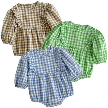 Moda Neonata Abbigliamento 0-3Y Neonata Pagliaccetto Cotone Increspato Abbigliamento Griglia Colorata Caramella Neonato Pagliaccetti Bambino Onepiece