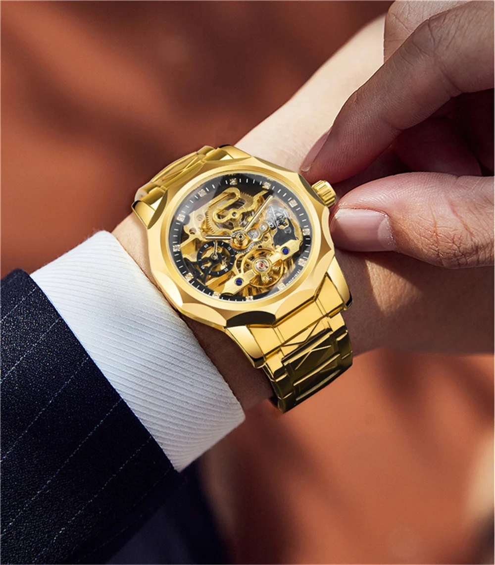 Forsining 199A Hot sell Brand Skeleton Transparent Stainless Steel Automatic Mechanical Male Wrist Watches for Men montre homme