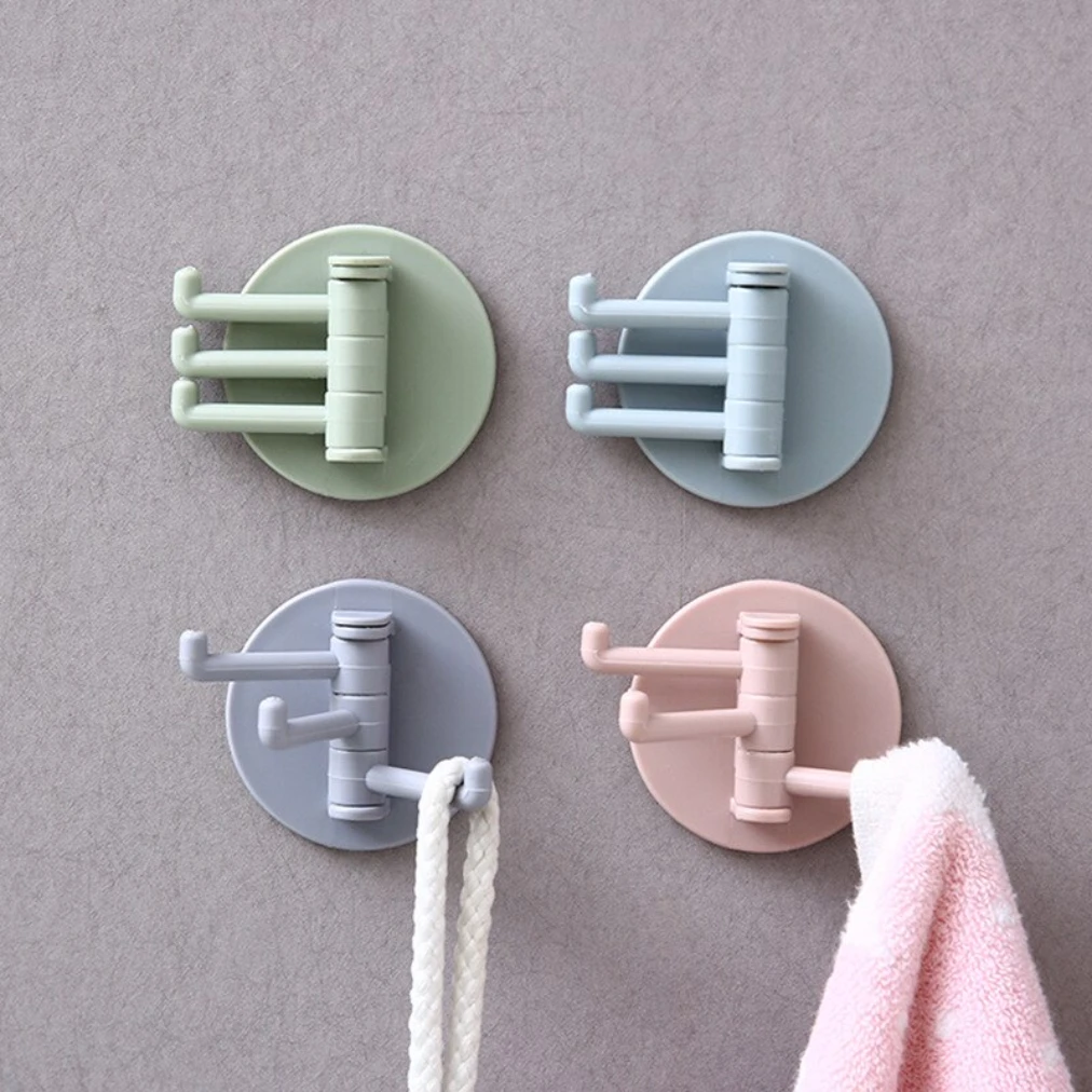

4 PCS Non Marking Rotary Hook Kitchen Bathroom Wall Towel Hook 3 Branch Home Plain Color Hook Nail Free Adhesive Hook Wholesale