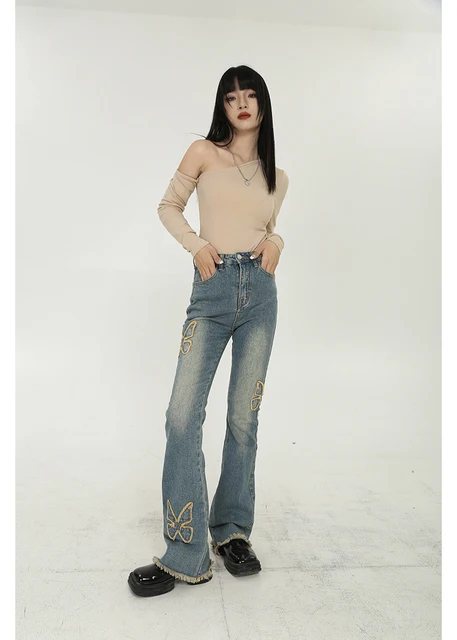 Butterfly Pattern Y2K Denim Jeans High Waist Grunge Vintage Cargo Trousers  Fairycore Harajuku Fashion Pants