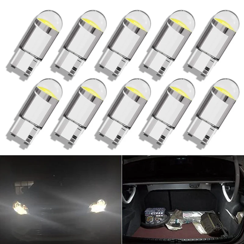 자동차 LED 전구 신호등, 자동차 인테리어 돔 독서 문짝, 지도 번호판 램프, COB T10 W5W 5W5 12V 7000K 화이트 블루, 10 개