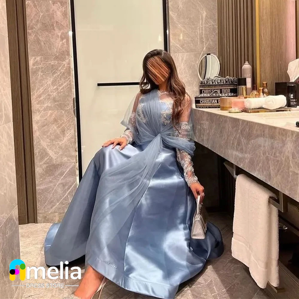 

Amelia O-Neck Dubai Prom Dress Long Sleeves Evening Gown With Fethers Ankle Length Women Wedding Party Dress 2023