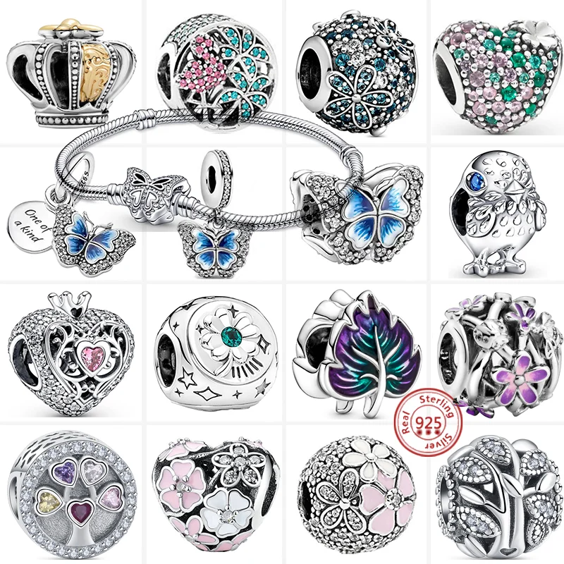 

925 Sterling Silver Blue Butterfly Crown Heart Pink Flowers Tree Shiny Beads Fit Original Pandora Charms Bracelet Women Jewelry