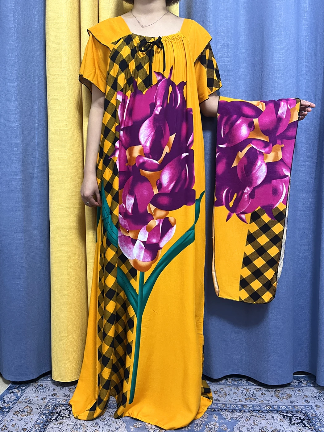 Abayas For Women 2023 Print Floral Cotton Boat Neck Short Sleves Jilbab Kaftan African Islamic Muslim Dresses With Headscarf