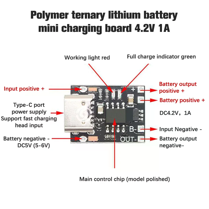 1PC 초소형 리튬 배터리 충전 보드 1A 3.7V4.2V 충전기 모듈 유형-C 보호 보드 포함