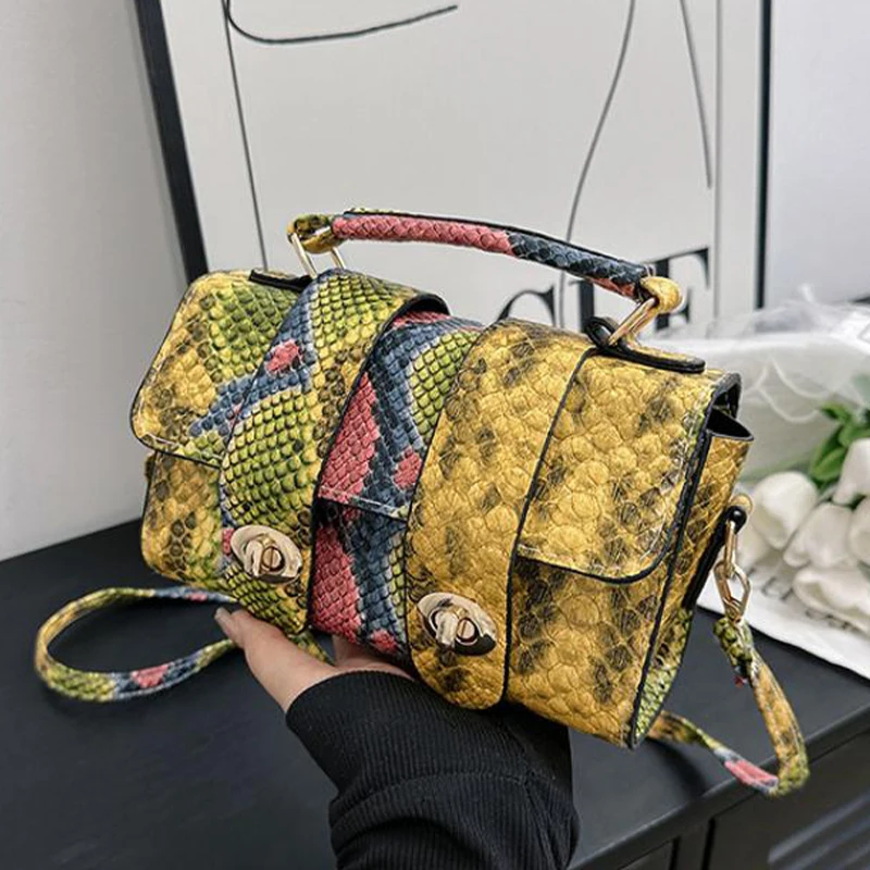 

Mini Snakeskin Pattern PU Leather Box Bag with Top Handle Casual Women Shoulder Handbag Girl Flap Satchel Purse Fashion Lady Bag