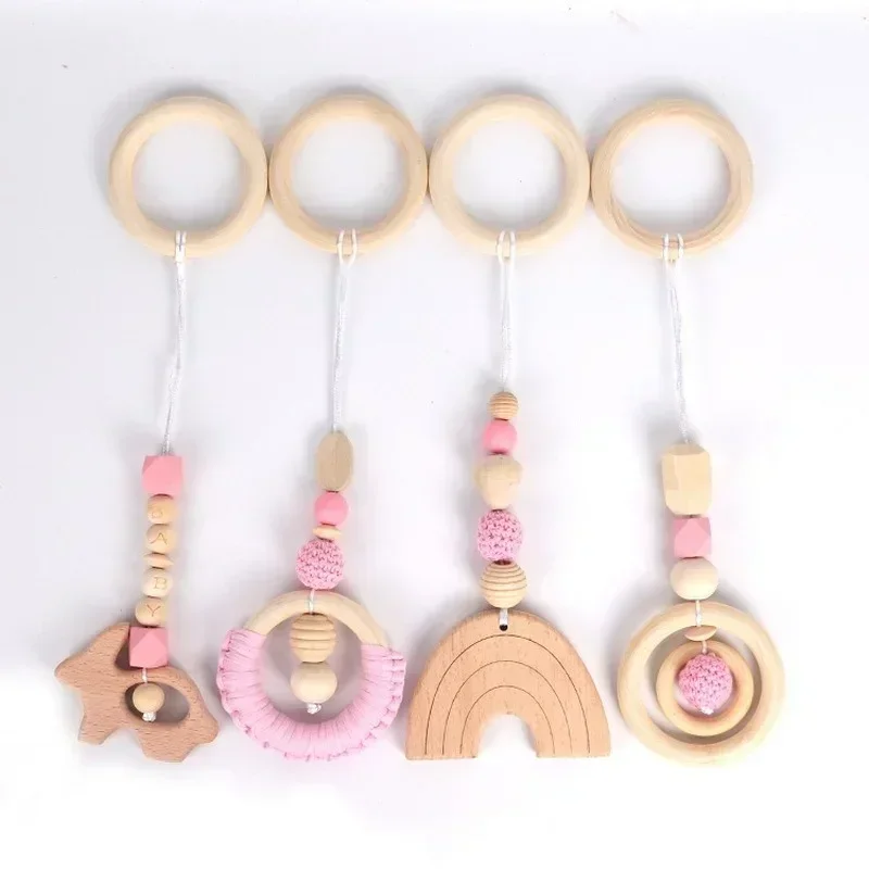 Wood Teether Toddler Hanger Rattle Wood Ring Teething Toys For Newborn Baby Pram Toy Bebe Baby Play Gym Silicone Beads 4PCS/Set