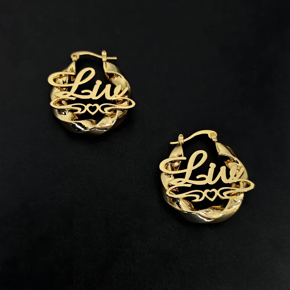 2023 Custom 30mm Cute Name Girl Earring Gold Plated Twist Hoop Heart Earrings Personalized kids Earring For Children Jewelry