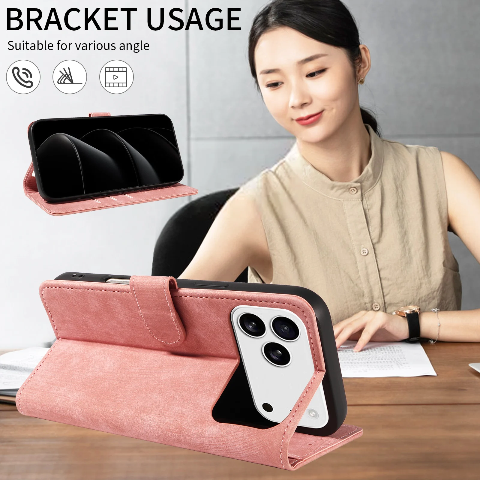 Leather Flip Wallet Phone Case with Kickstand and Magnetic Closure