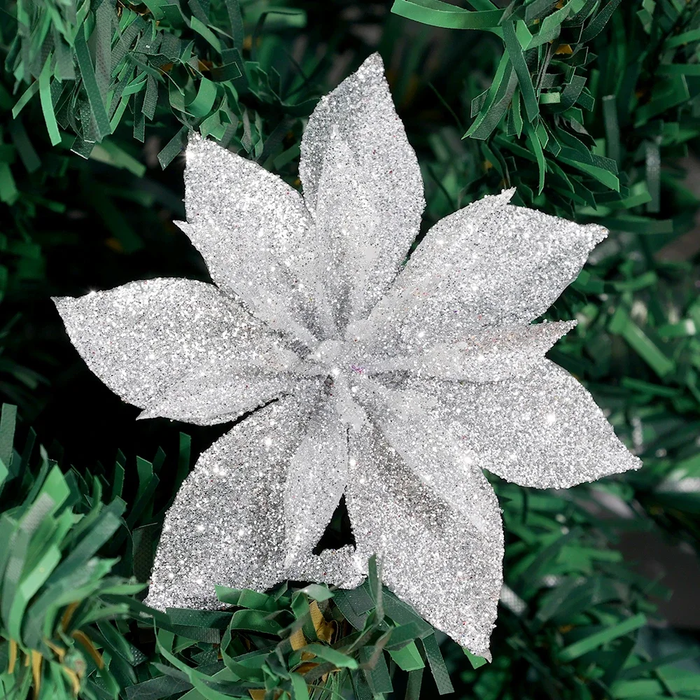 thumbnail image 1 of Flores artificiales de Navidad con purpurina, decoración colgante para árbol de Navidad, flores falsas, adornos de regalo simulados de Año Nuevo dorados y plateados, 1 of 5
