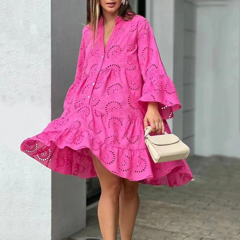 

2023 Women Solid Color Lace Dress Fashion Hollow Out Pattern Mini Summer Dress Spring V-Neck Flare Sleeve Embroidery Loose Dress
