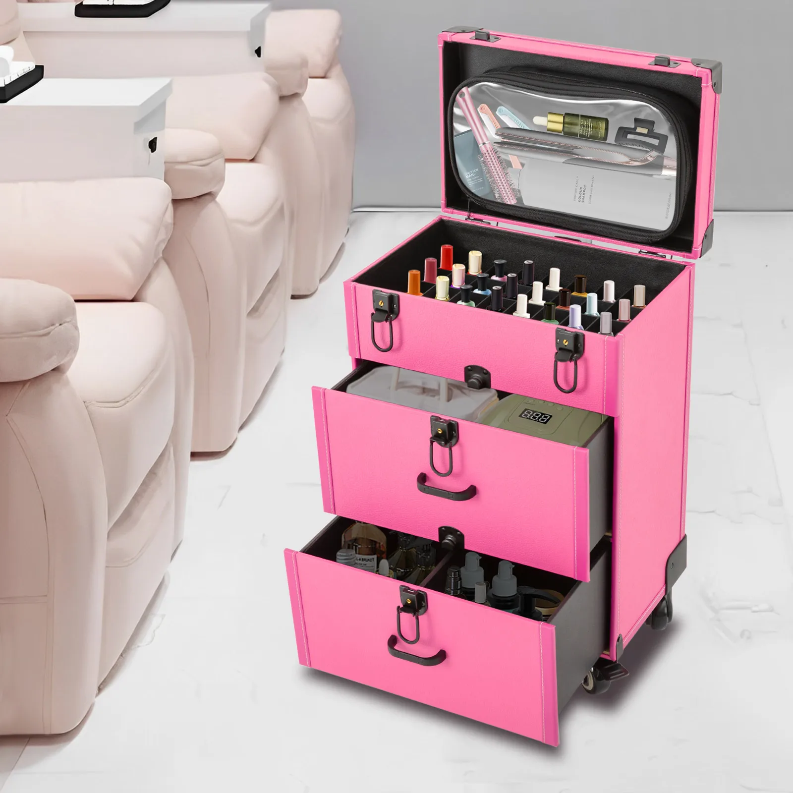 

4 In 1 Rolling Makeup Train Case Aluminum Luggage Box Jewelry Travel Cosmetic Trolley Case Nail Polish Organizer