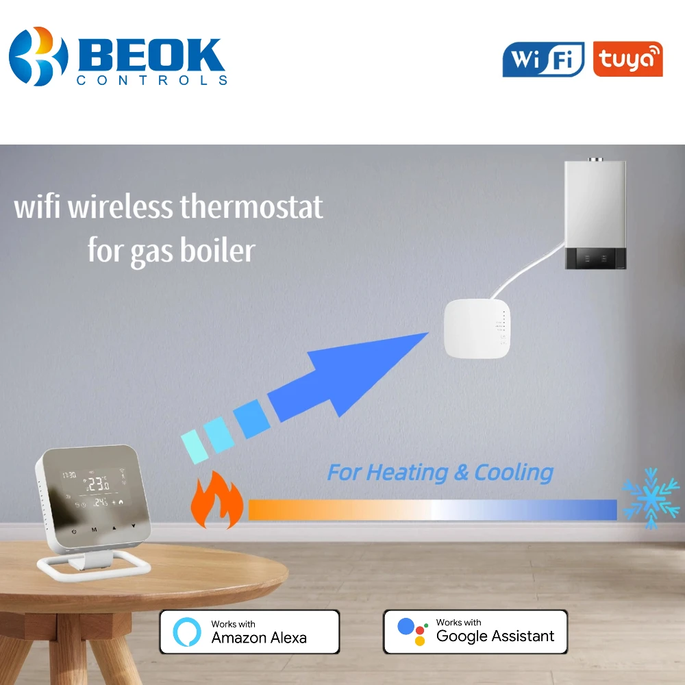 เทอร์โมสตัทไร้สาย Beok RF ควบคุมอุณหภูมิอัจฉริยะผ่าน Wifi สำหรับหม้อต้มแก๊ส พร้อมหน้าจอสัมผัส ใช้แบตเตอรี่ 1
