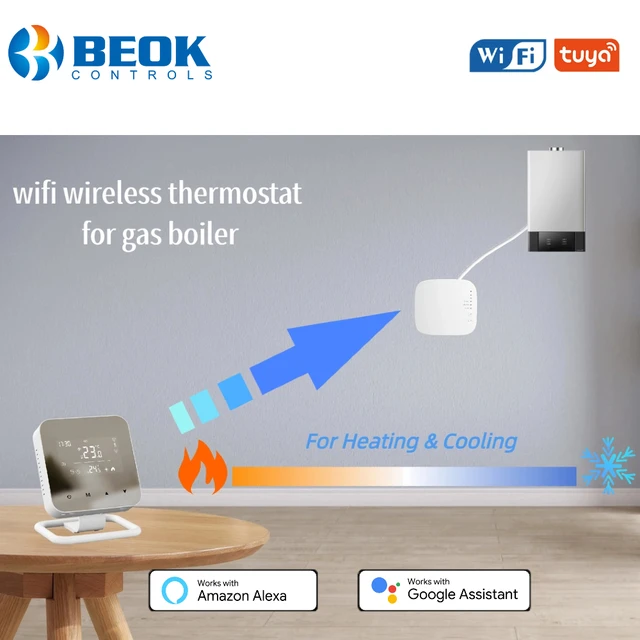 เทอร์โมสตัทไร้สาย Beok RF ควบคุมอุณหภูมิอัจฉริยะผ่าน Wifi สำหรับหม้อต้มแก๊ส พร้อมหน้าจอสัมผัส ใช้แบตเตอรี่ 1