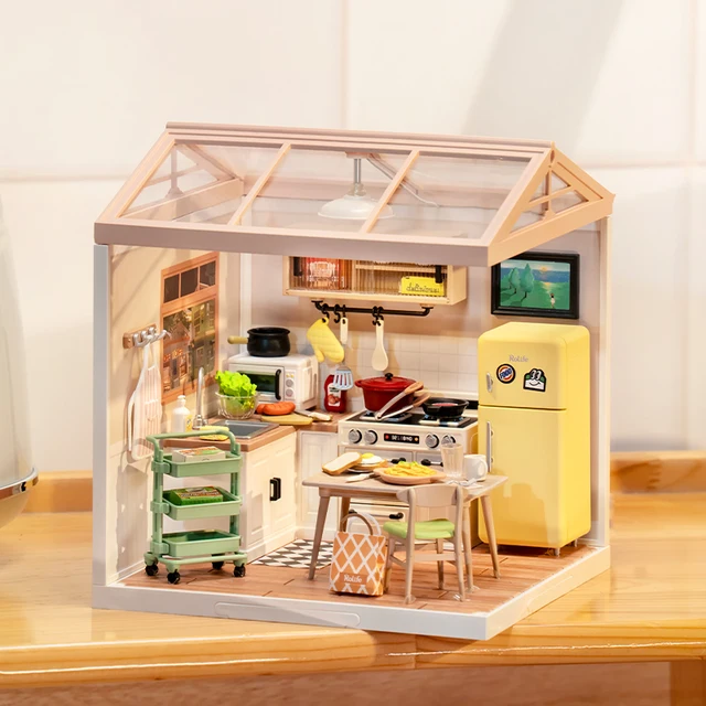 Robotime Rolife 3D Puzzle Super Store Happy Meals Kitchen Plastic DIY Miniature House Kit Miniature Dollhouse Playset with LED