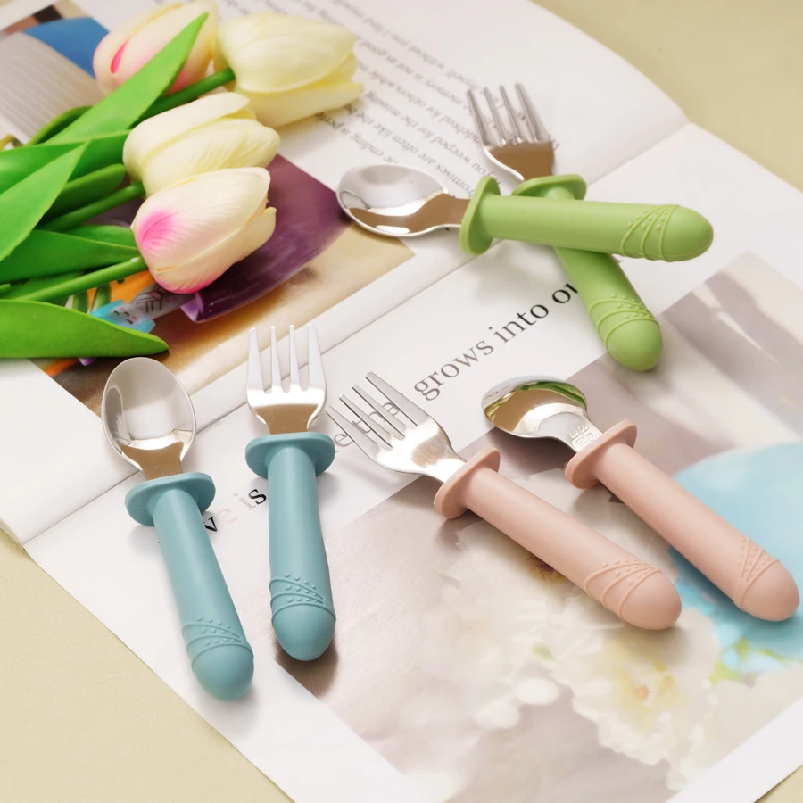 2PCS Baby Silicone Stainless Steel Spoon Fork Portable Baby Utensils Feeding Training Tableware Children's Cutlery