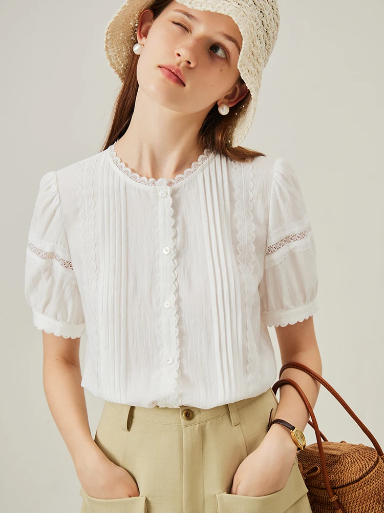 

Блузка FSLE с круглым вырезом и короткими рукавами-фонариками, элегантная тонкая однобортная рубашка с кружевными украшениями, лето 24FS12437