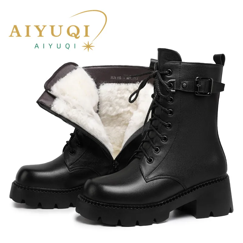 

AIYUQI Women Boots Patform High-heel British Style Women Winter Boot Genuine Leather Large Size Non-slip Thick Wool Lady Booties