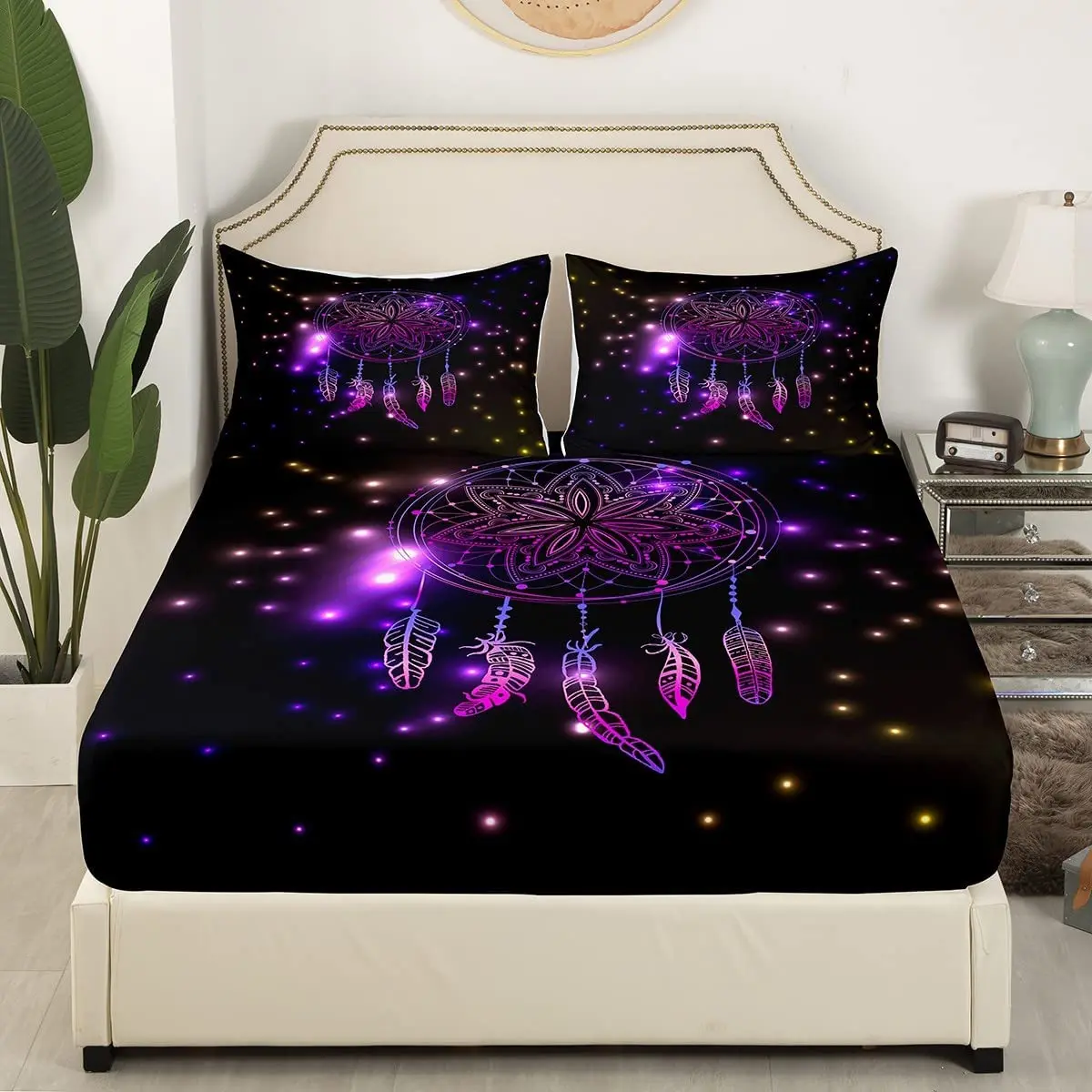 Dreamcatcher Fitted Sheet Boho Mandala Bedding Set with 2 Pillowcases Purple Dream Catcher  Bed Sheet Set Bedding Elastic Pocket 5
