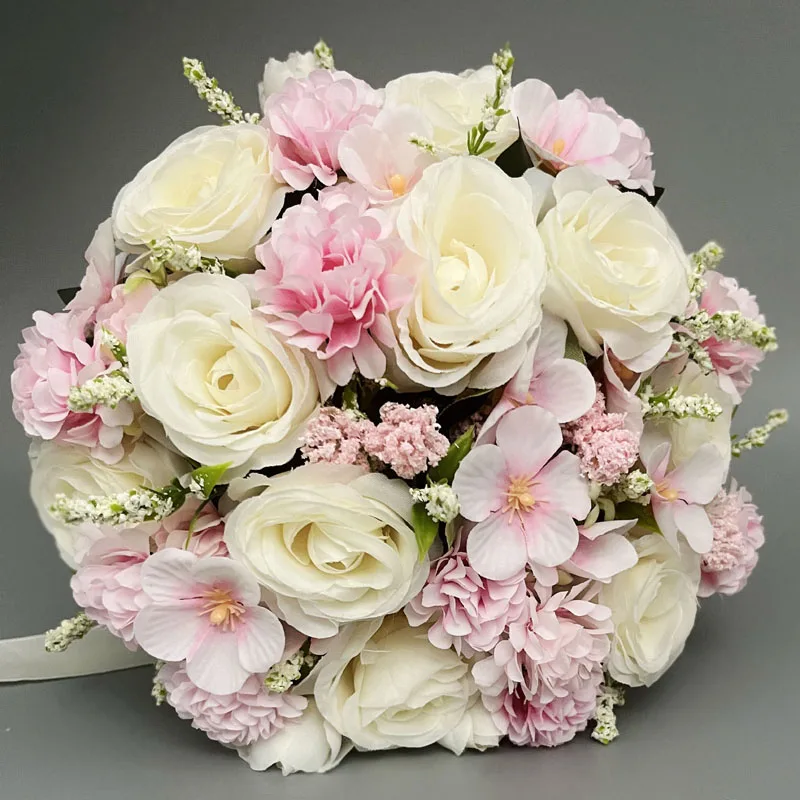 Bouquet da sposa per la sposa Babysbreath Rose Bouquet da damigella d'onore Nastro di seta Decorazione di San Valentino Regalo di sfere in rete di pizzo di perle  320