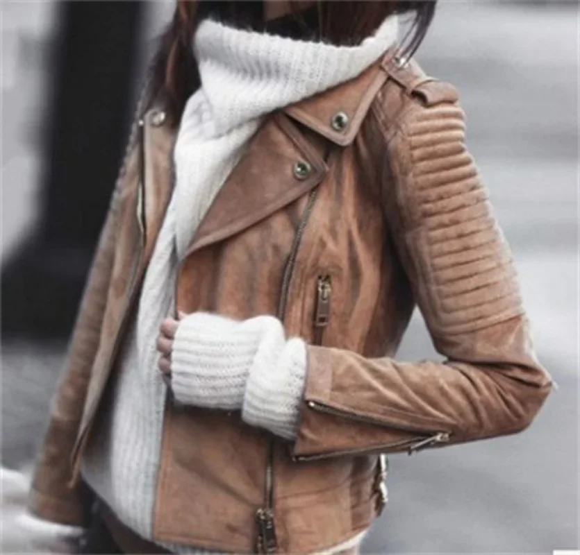 Женская Осенняя байкерская куртка, однотонный облегающий Кардиган со скошенной молнией, новая модная винтажная куртка из искусственной кожи с длинным рукавом