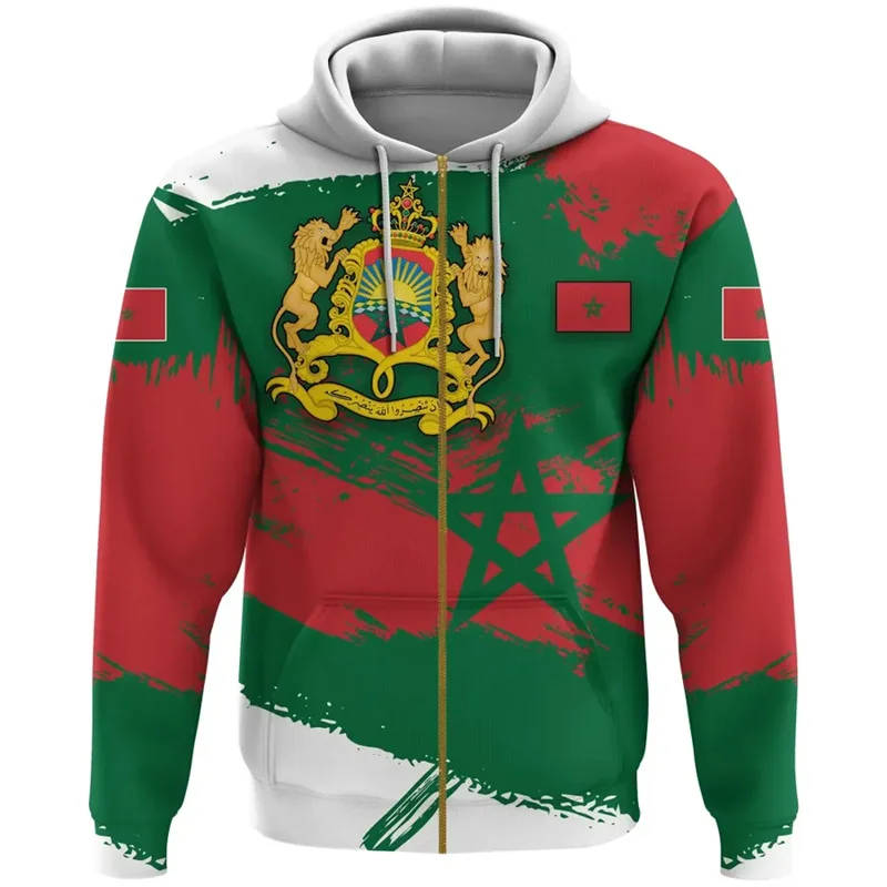 thumbnail image 1 of Sudadera con capucha y cremallera con estampado del emblema de Marruecos en 3D para hombre, tótem espiritual, bandera de Marruecos, sudadera con capucha con cremallera, ropa Harajuku Y2k, 1 of 5