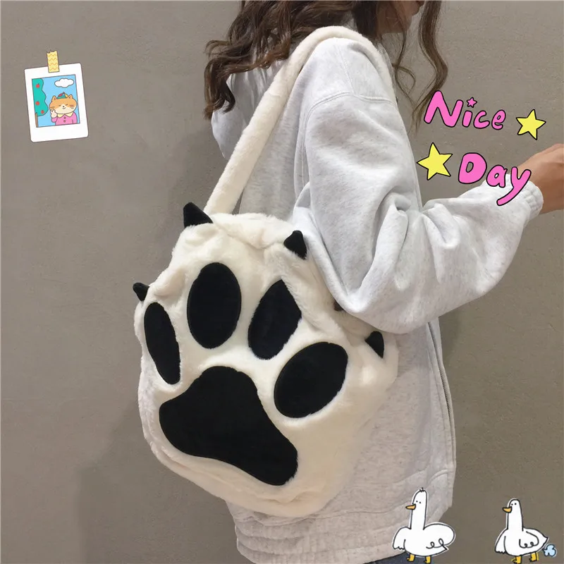 Fluffy Cat Paw Backpack for Girls 2024 New Personality Funny Plush Student Book Bag Fashion Cartoon Cute School Crossbody Bags