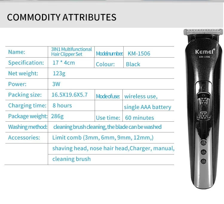 Description Picture 4 of itemKemei KM-1506 3 in 1 Electric Hair Clipper USB Charging Shaver Rechargeable Nose Hair Trimmer Professional Shaving Machine