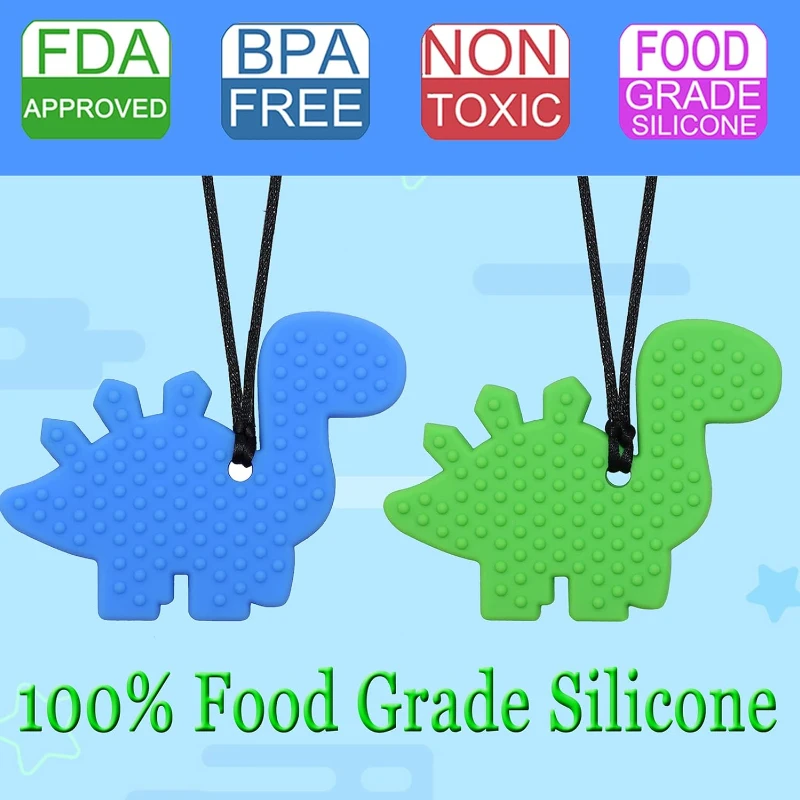 2pcs Silicone Dinosaur Chewy Toys Chew Necklaces for Sensory Kids for Boys with Autism Chewing Necklaces Anxiety Reduce 2