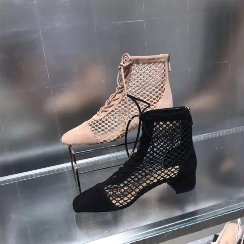 

Summer Thick Heels Woman Boots Round Toe Mesh Grid Cutouts Ankle Boots Lace-Up High Heel Shoes Black Nude Gladiator Sandals