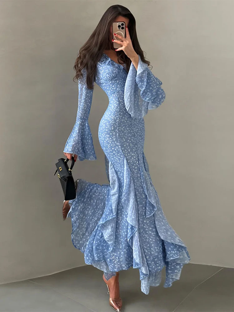 Women Printed V-neck Long Dress Flared Sleeve Lotus Leaf Edge High Waist Slim Fit Maxi Dresses Lady Elegant Evening Party Dress 4
