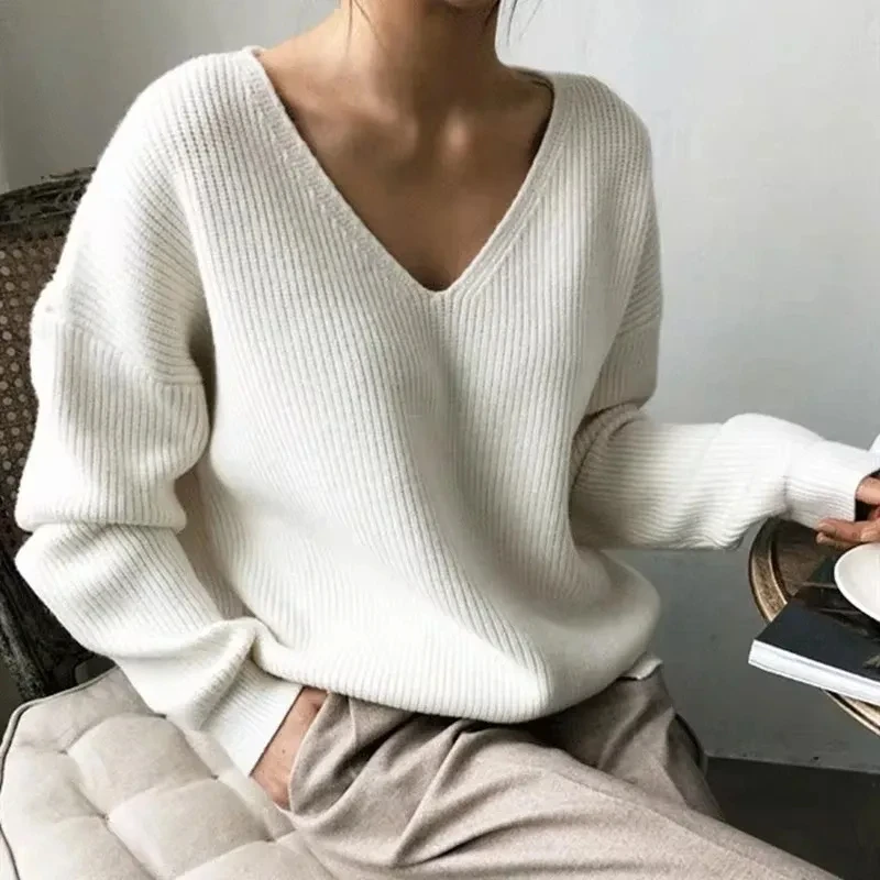 Knitted Women's Autumn and Winter Loose Lazy Style Hem Slit New Solid Color V-neck Pullover Top 7290