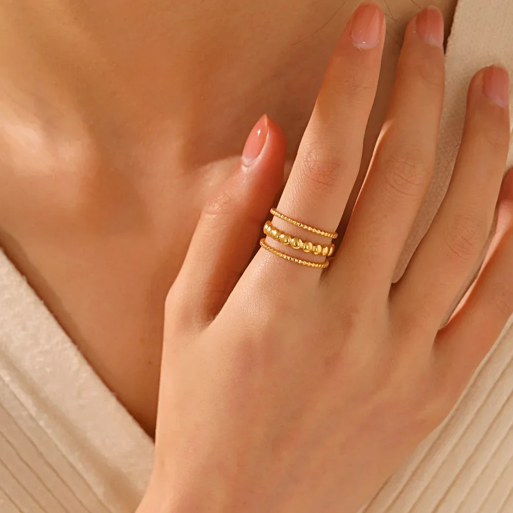 

Cross-Border Popular Three-Layer Line Stainless Steel Ring Women's Retro Ethnic Style 18K Gold-Plated Ring